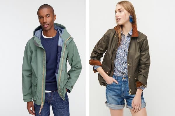 Two jackets from J.Crew: The men's jacket on the left features a zipper tab on the right side, and the women's jacket on the right features a zipper tab on the left side. (Photo: J.Crew/HuffPost)