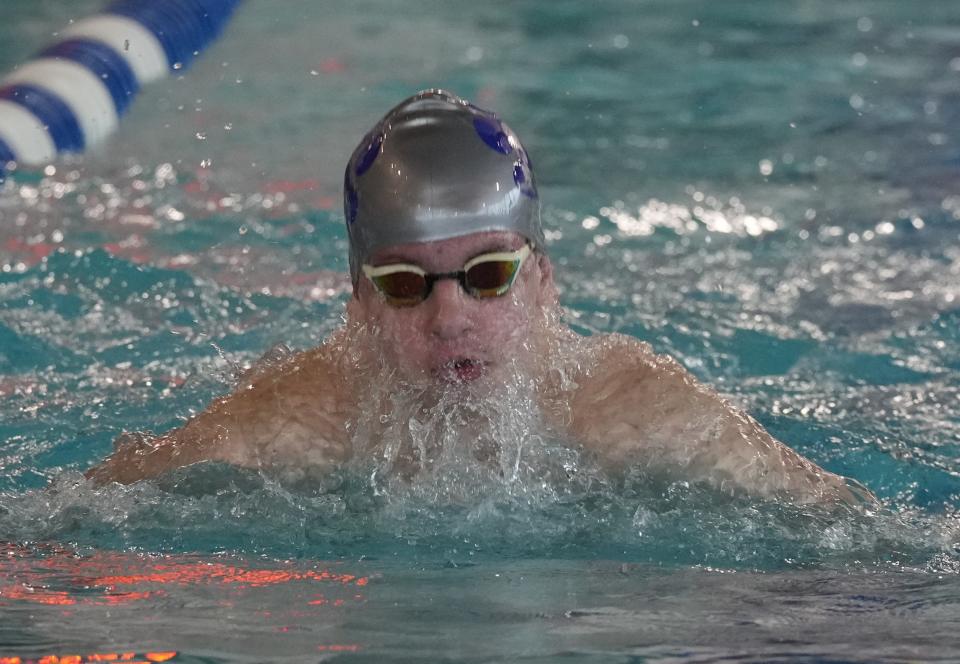 Oliver Kiss of PCTI in the 100 yard breaststroke at the Passaic County Swimming Championships held at the Passaic Technical Institute in Wayne, NJ on January  21, 2023.
