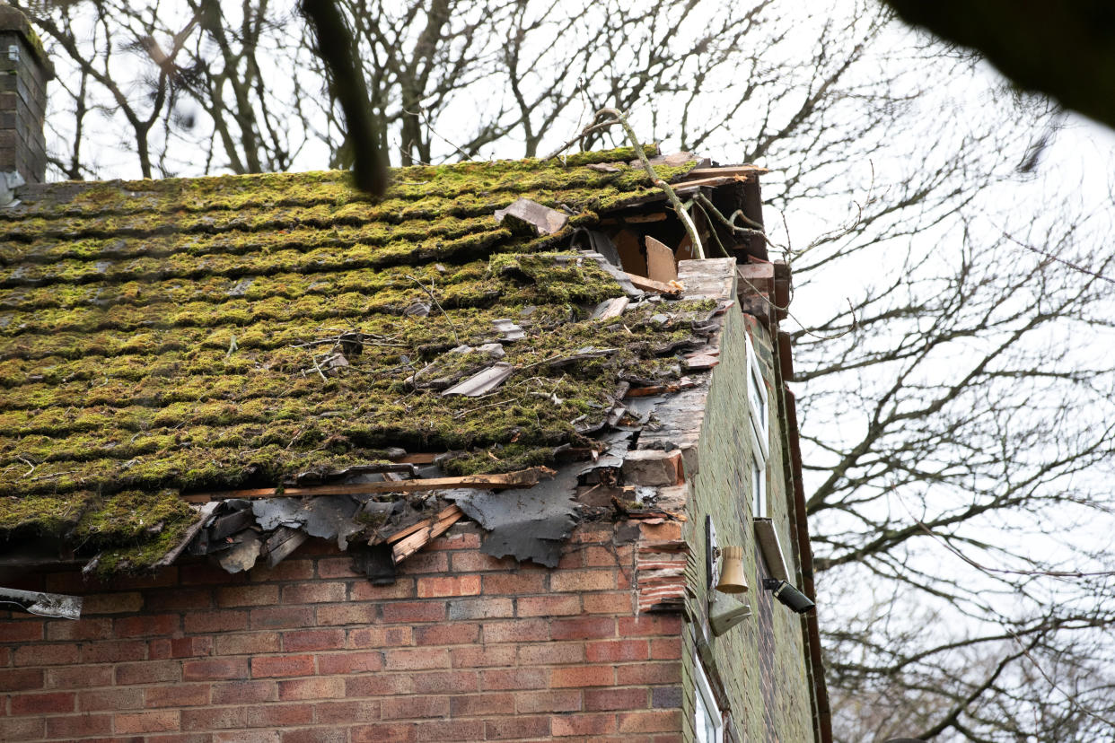 Weather damage in Huddersfield Road in Stalybridge, Manchester. December 28, 2023. Release date â€“ December 28, 2023.  See SWNS story SWBNtornado.  Around a hundred homes have been damaged after a 