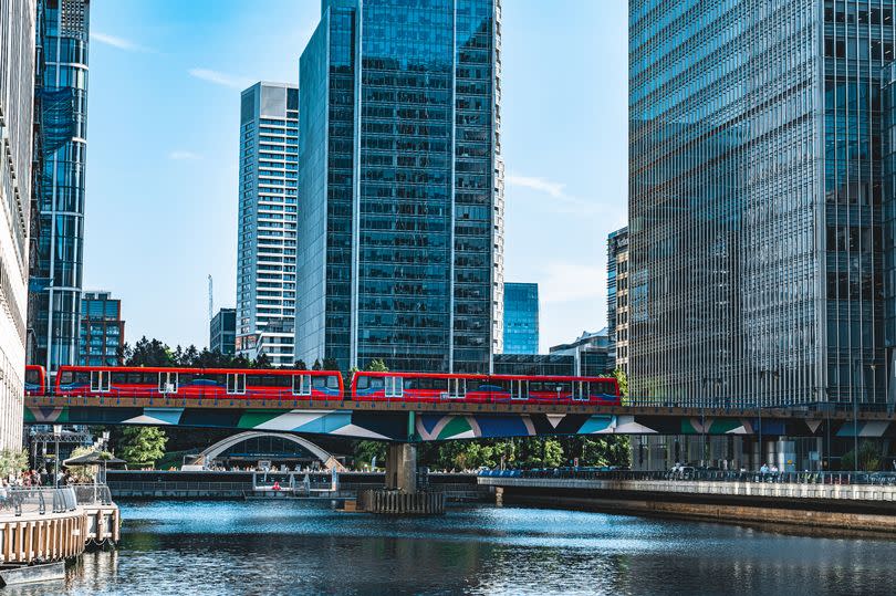 A DLR train crossing the Thames in Canary Wharf