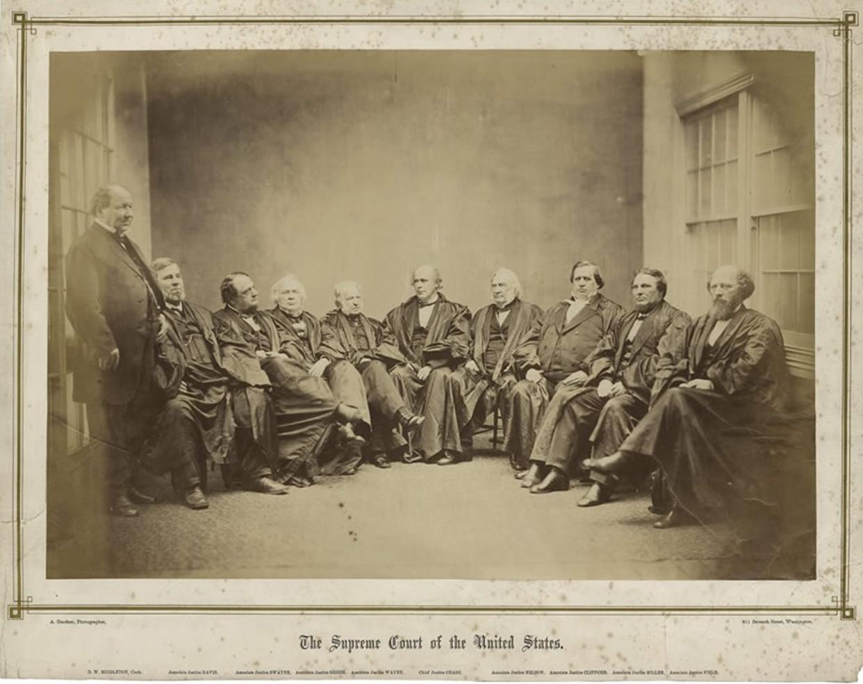 <span class="caption">The 9-member Chase Court in 1867, dominated by Northern Republicans.</span> <span class="attribution"><a class="link " href="https://www.supremecourt.gov/visiting/exhibitions/GroupPhotoExhibit/section1.aspx" rel="nofollow noopener" target="_blank" data-ylk="slk:Alexander Gardner/The U.S. Supreme Court;elm:context_link;itc:0;sec:content-canvas">Alexander Gardner/The U.S. Supreme Court</a></span>