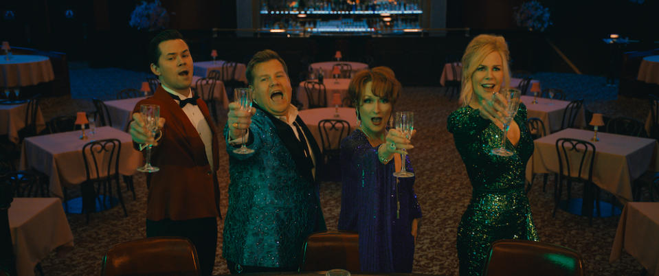 Trent Oliver (Andrew Rannells), Barry Glickman (James Corden), Dee Dee Allen (Meryl Streep), and Angie Dickinson (Nicole Kidman) in The Prom. (PHOTO: Netflix)