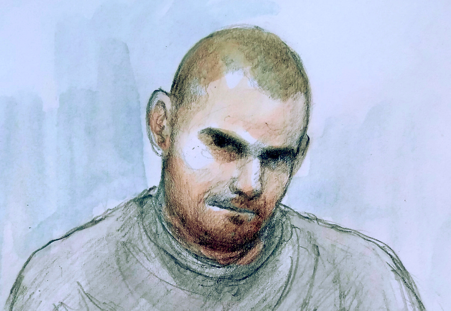 Damien Bendall appeared via video-link sitting on a chair and wearing a grey sweater and jogging bottoms, spoke only to confirm his name, date of birth, and his address as Chandos Cresce (SWNS)