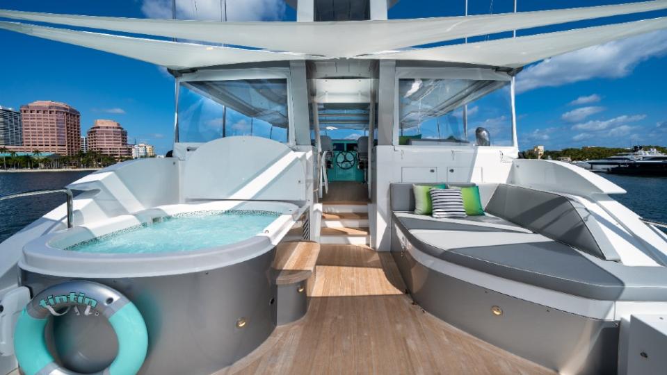 The colors continue to the upper Jacuzzi with life ring. - Credit: Courtesy Fraser Yachts