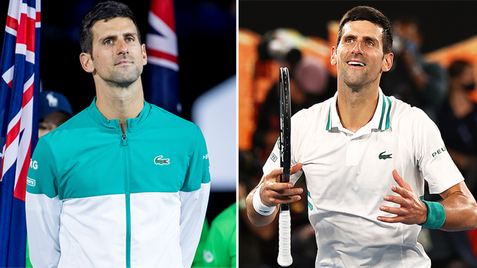 Novak Djokovic (pictured left) at the trophy ceremony and (pictured right) Djokovic thanking the Australian Open crowd.