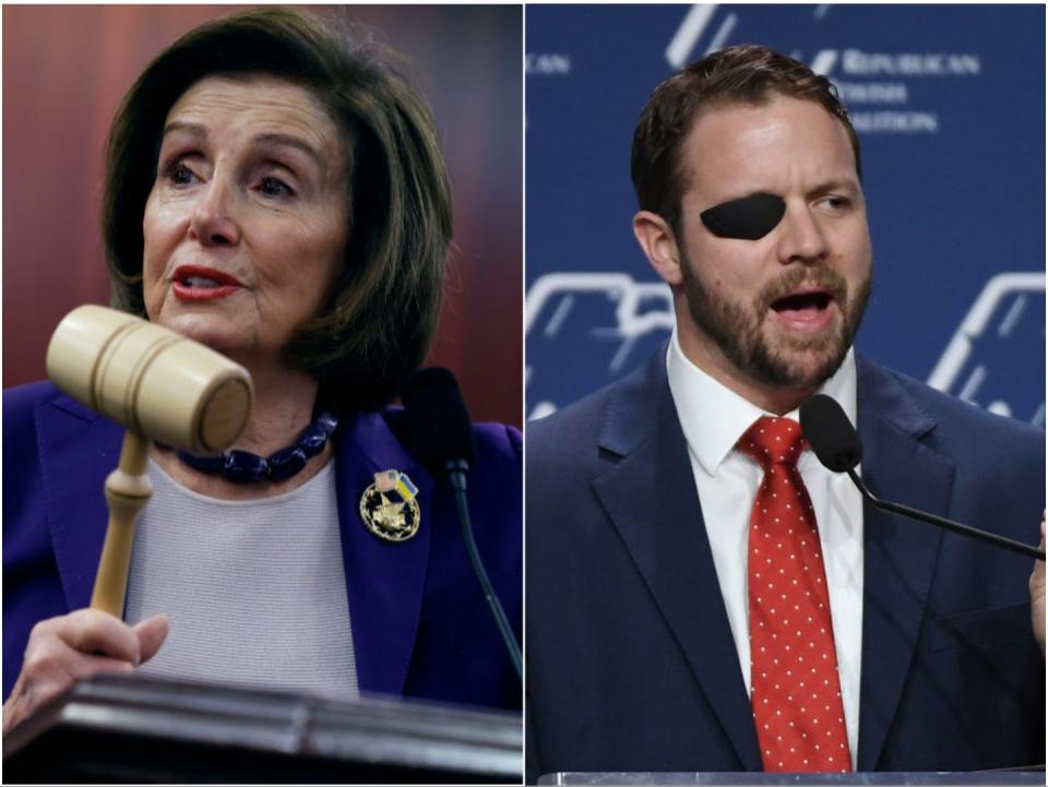 Nancy Pelosi and Dan Crenshaw look in opposite directions.