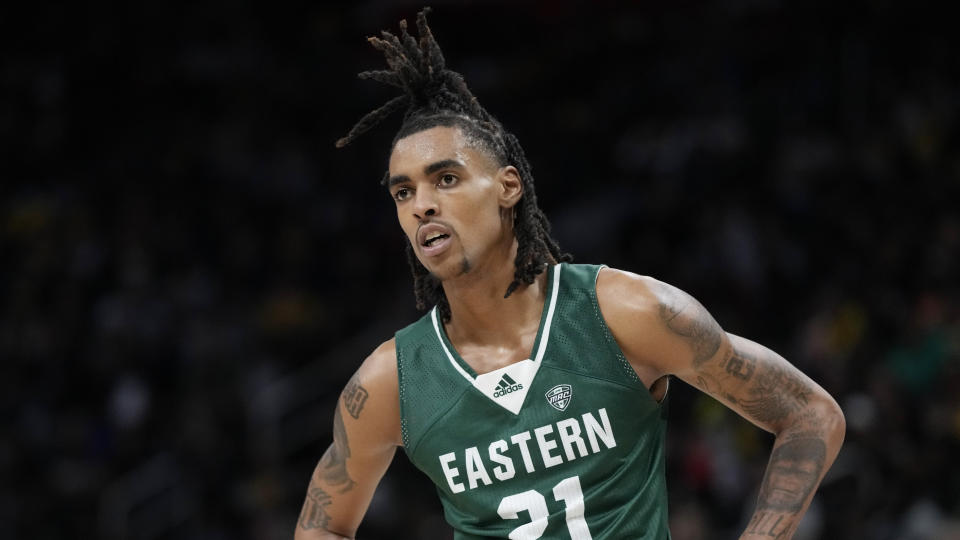 Eastern Michigan forward Emoni Bates plays during the second half of an NCAA college basketball game, Friday, Nov. 11, 2022, in Detroit. (AP Photo/Carlos Osorio)