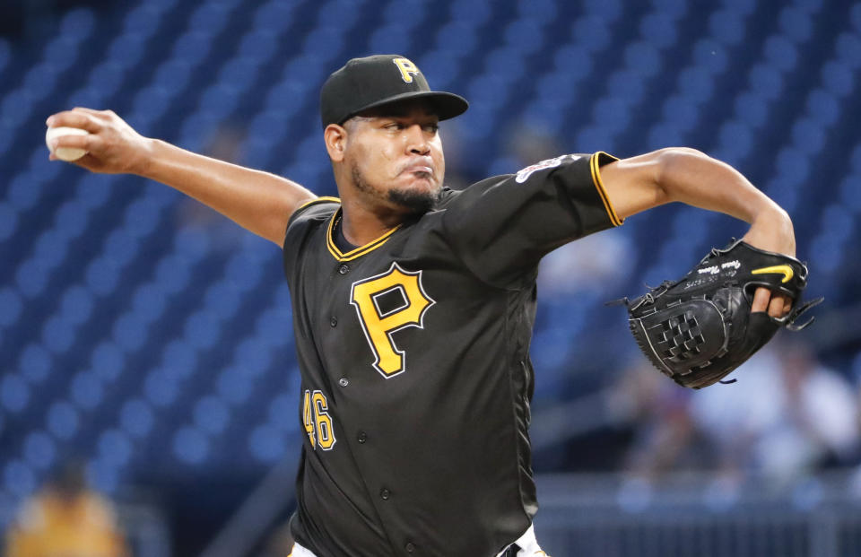 FILE - In this Sept. 21, 2018, file photo, Pittsburgh Pirates' Ivan Nova delivers against the Milwaukee Brewers in the first inning of a baseball game, in Pittsburgh. Nova has been acquired by the Chicago White Sox from the Pittsburgh Pirates for minor league pitcher Yordi Rosario and international signing bonus pool allocation. The trade was announced at the baseball meetings in Las Vegas Tuesday, Dec. 11, 2018. (AP Photo/Keith Srakocic, File)