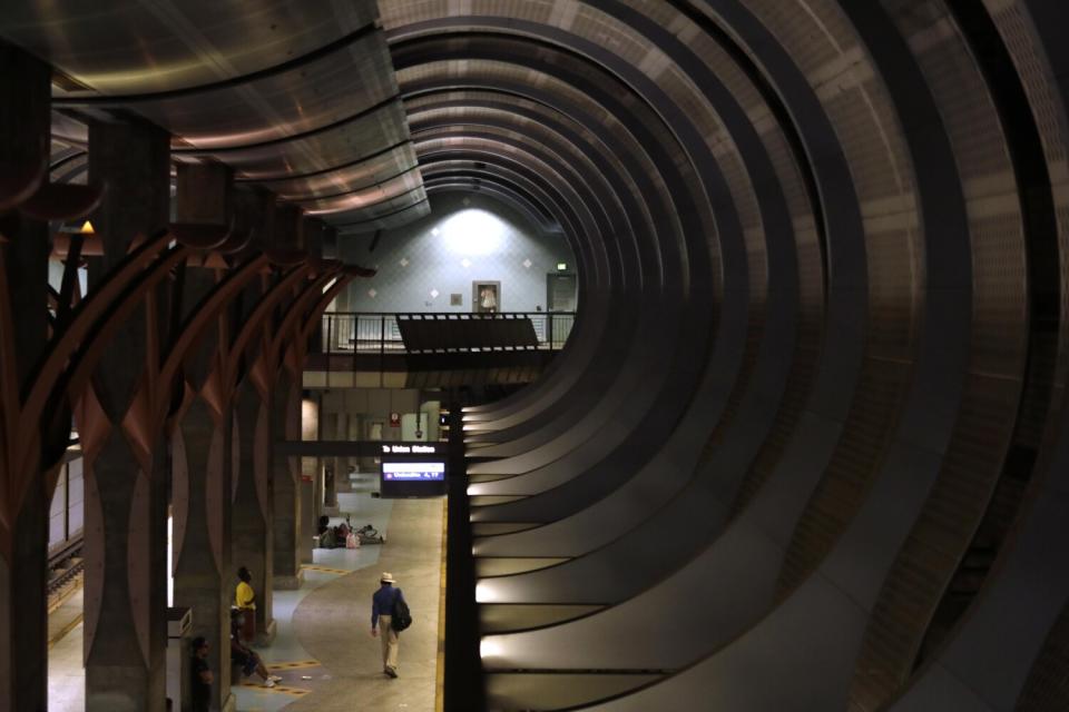 A commuter on a train platform