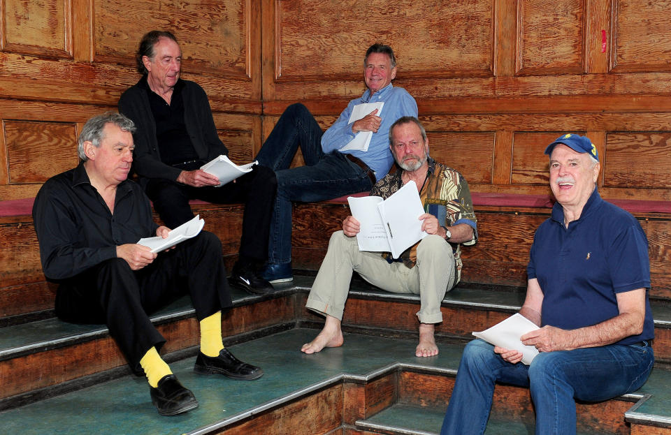 Terry Jones, Eric Idle, Michael Palin, Terry Gilliam and John Cleese are seen on the first day of rehearsals in London, for their new show Monty Python Live (mostly) which is on at the O2 Arena in London on July 1-5, 15, 16, 18-20.