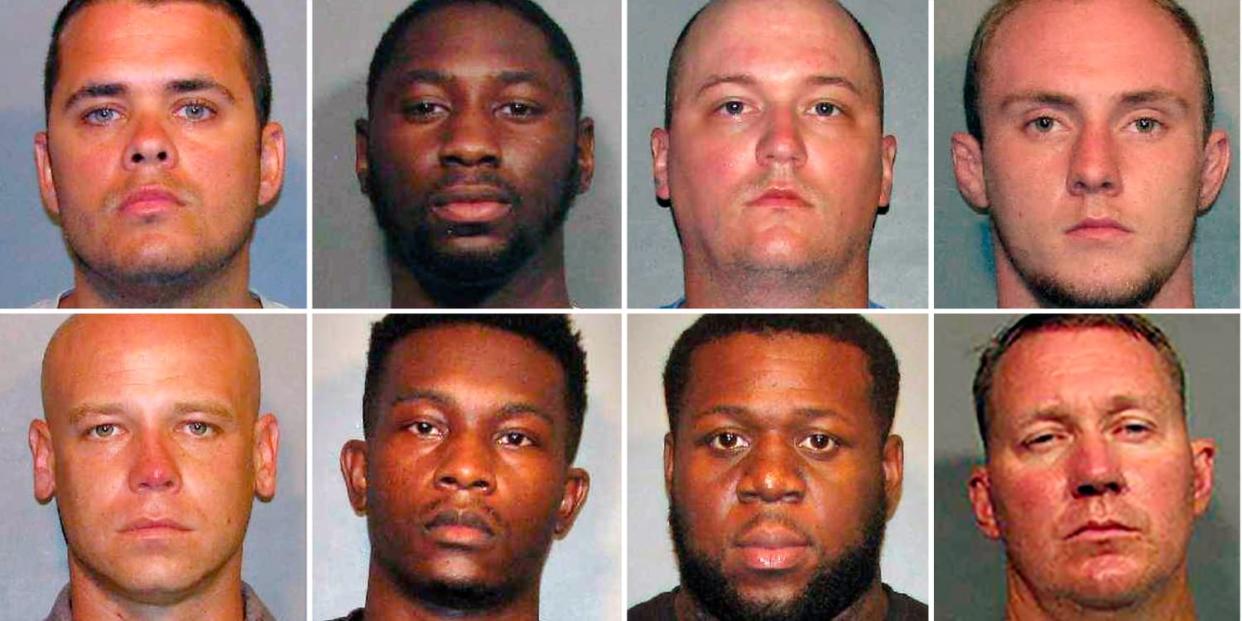 From left, top row: Police officers Aaron Jaudon, D'Andre Jackson, Mark Ordoyne and William Isenhour. Bottom row: Police officers Christopher McConnell, Brandon Walker, Treveion Brooks and David Francis. (Caddo Sheriff's Office via AP)