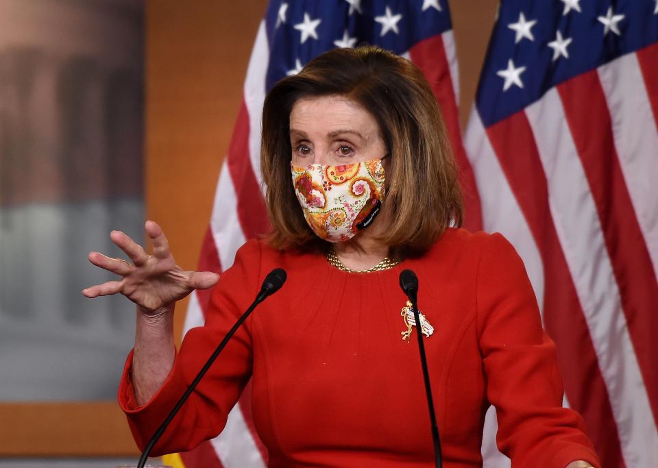 US Speaker of the House, Nancy Pelosi, Democrat of California, speaks during her weekly press briefing on Capitol Hill in Washington, DC, on February 11, 2021. (Photo by OLIVIER DOULIERY / AFP) (Photo by OLIVIER DOULIERY/AFP via Getty Images)