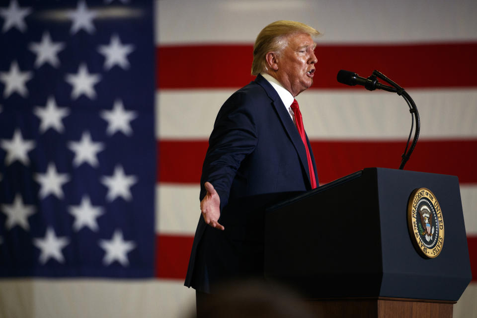 President Donald Trump speaks during a campaign rally at the Crown Expo, Monday, Sept. 9, 2019, in Fayetteville, N.C. (AP Photo/Evan Vucci)