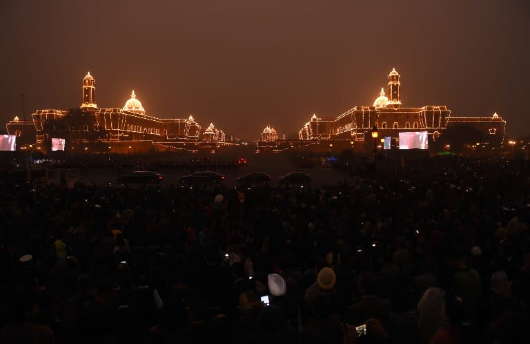 <p>Indian government are seen lit up by lights during the Beating Retreat ceremony in New Delhi on January 29, 2016. The ceremony is a culmination of Republic Day celebrations and dates back to the days when troops disengaged themselves from battle at sunset. </p>