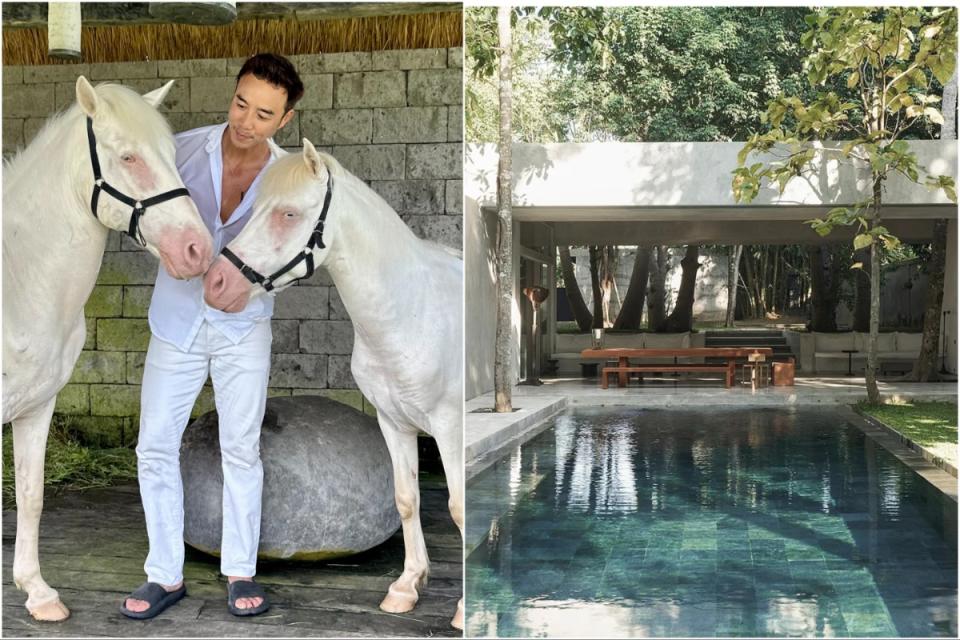 Actor and presenter Alan Wu (left) is surrounded by farm horses at the Bali health protection project 