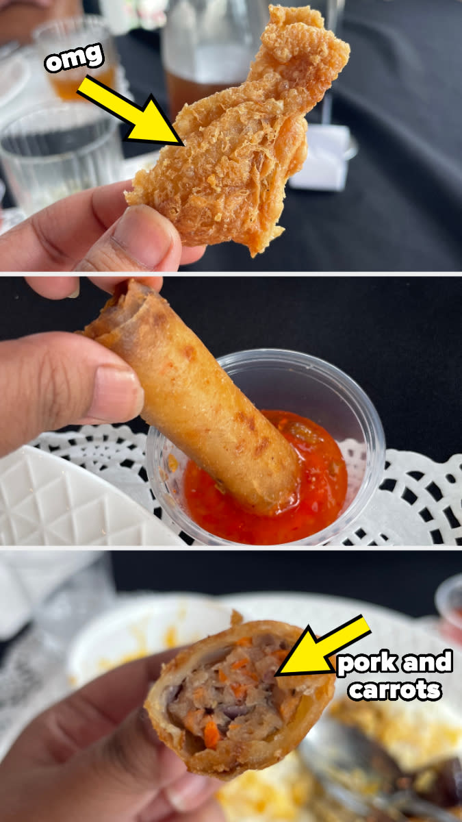 Three close-up images of a person holding and eating a fried spring roll with pork and carrots, dipped in red sauce. The top image has the text "omg," and the bottom image has the text "pork and carrots."