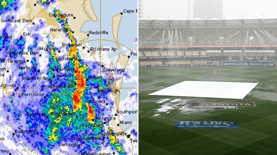 Heavy rain, pictured here lashing the Gabba hours before the AFL grand final.