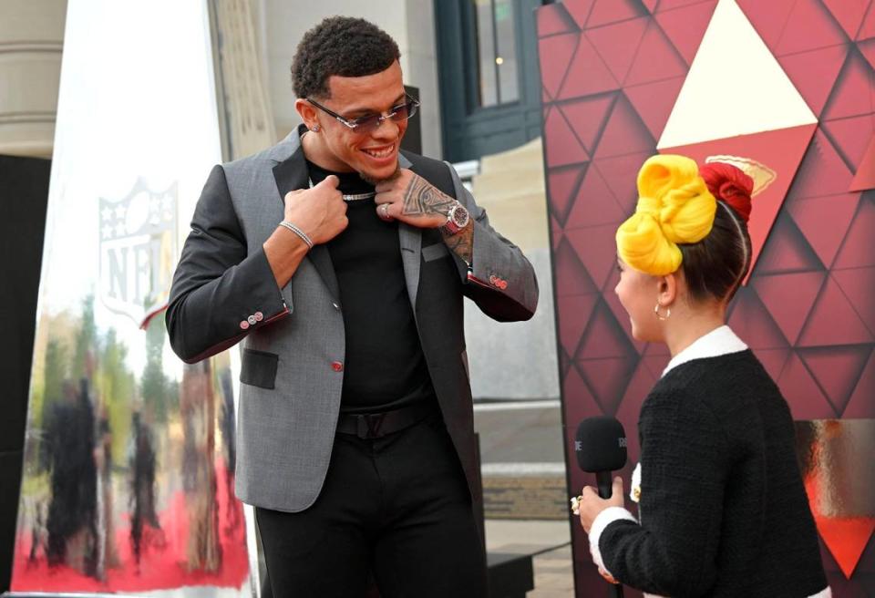 Kansas City Chiefs wide receiver Skyy Moore spoke with Taylen Biggs, a social media star, as he walked the red carpet at Union Station arriving for the Super Bowl LVII championship ring ceremony on Thursday, June 15, 2023, in Kansas City.
