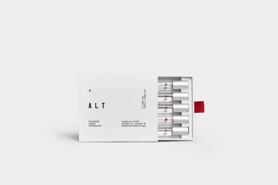 A box containing five vials of Advanced Liquid Technology's THC-infused liquid