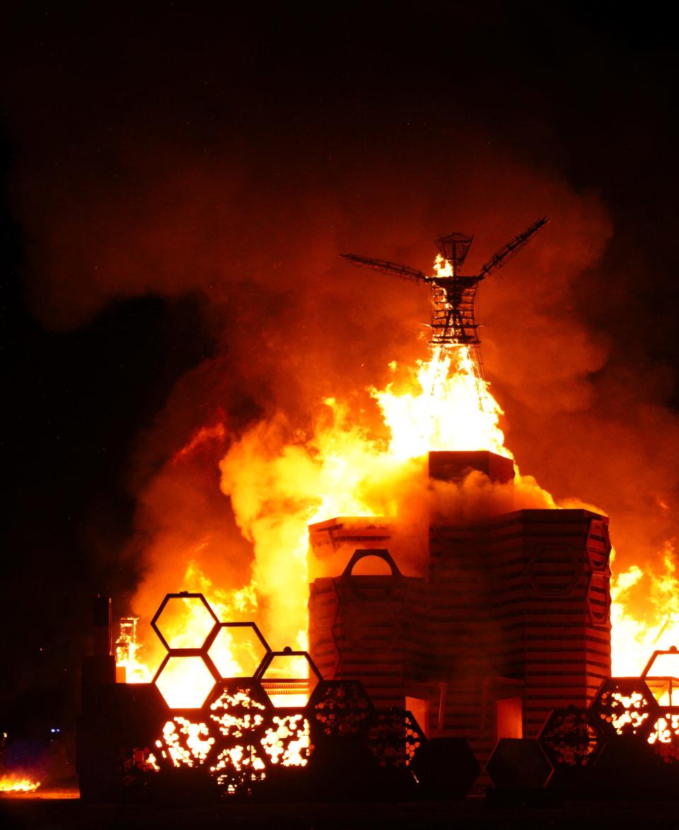 The Man burns at Burning Man on Labor Day.