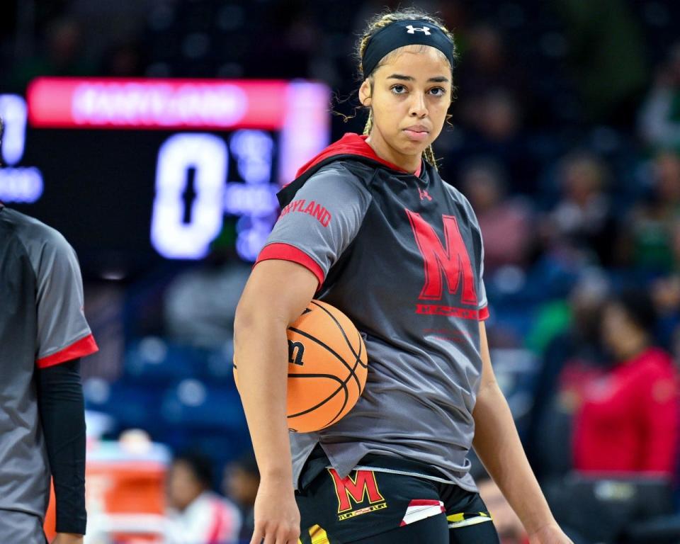 Maryland freshman Mila Reynolds warms up before and NCAA women's basketball game against Notre Dame Thursday at Purcell Pavilion in South Bend.