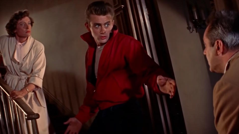 James Dean in his iconic red jacket in Rebel Without a Cause