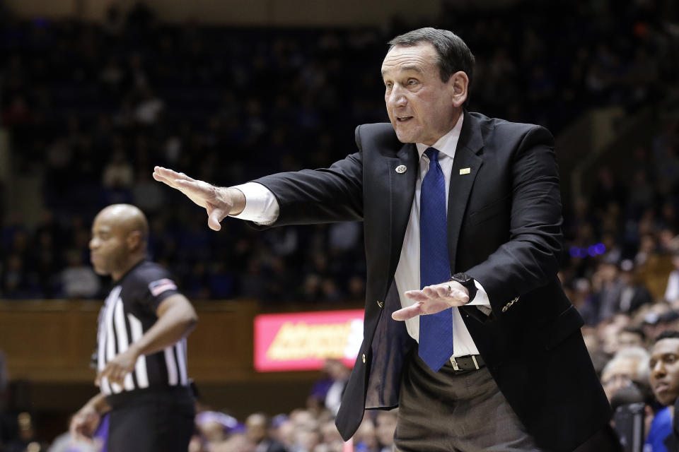 FILE - In this Nov. 12, 2019, file photo, Duke head coach Mike Krzyzewski reacts to a play during the first half of an NCAA college basketball game against Central Arkansas in Durham, N.C. Duke Hall of Fame coach Mike Krzyzewski will coach his final season with the Blue Devils in 2021-22, a person familiar with the situation said Wednesday, June 2, 2021. The person said former Duke player and associate head coach Jon Scheyer would then take over as Krzyzewski's successor for the 2022-23 season. (AP Photo/Gerry Broome, File)