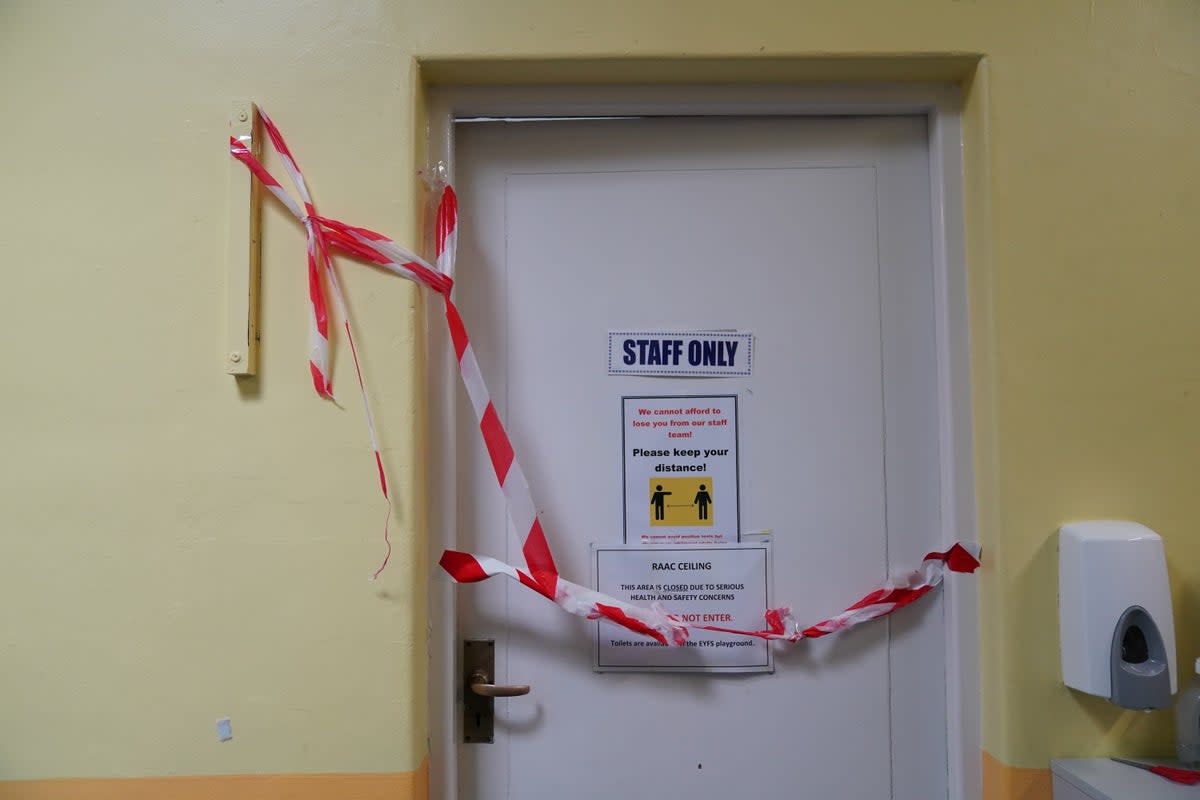 A taped off section inside Parks Primary School in Leicester which has been affected with sub standard reinforced autoclaved aerated concrete (Raac). (PA)