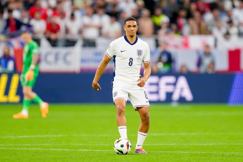 Trent Alexander-Arnold of England controls the ball during the UEFA EURO 2024 group stage match between Serbia and England at Arena AufSchalke on June 16, 2024 in Gelsenkirchen, Germany.