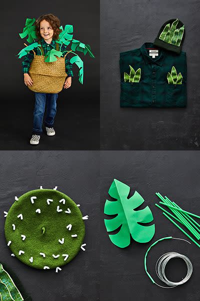 <p>They say it's not easy being green, but these eco-costumes can be whipped up in a snap. </p><p><strong>For the Planter:</strong><br></p><ol><li>Cut a hole in the bottom of a grasscloth basket wide enough for wearer’s hips and legs to fit through comfortably.</li><li>Download the <a href="https://www.goodhousekeeping.com/holidays/halloween-ideas/a33564450/gh-halloween-artwork-calligraphy-templates/" rel="nofollow noopener" target="_blank" data-ylk="slk:leaf template" class="link ">leaf template</a> and trace it onto green paper. Trim and fold in half.</li><li>Cut varying lengths of wire. Create stems by threading wire through green straws, dabbing hot glue as you thread to keep straws in place.</li><li>Hot-glue leaves to ends of stems.</li><li>Hot-glue stems to inside of basket, avoiding sides. Reinforce with duct tape if necessary once dry. </li><li>Cut 2 lengths of green ribbon for shoulder straps. Attach to inside front and back of basket with Velcro tape or safety pins.</li><li>With wearer dressed in green; slide basket over head, straps resting on shoulders. Bend stems around wearer to create a natural look.</li></ol><p><strong>For the Snake Plant:</strong></p><ol><li>Cut 1.5” wide strips of light green crepe paper and 1.75” strips of dark green crepe paper.</li><li>Curve the tops into points.</li><li>Spread a glue stick all over a light green strip. </li><li>Place a length of floral wire down the middle of the strip, and top with a strip of dark green crepe paper. </li><li>Smooth with your fingers and let dry.</li><li>Curve the strips to create a leaf effect and attach to a hat with hot glue or safety pins. </li><li>Fill shirt pockets with more leaves to complete the look.</li></ol><p><strong>For the Cactus Hat:</strong></p><ol><li>Cut 2” lengths of pipe cleaners and fold each in half.</li><li>Dab a small dot of hot glue in the center and attach to the beret. Cover the whole hat and let dry.</li></ol>