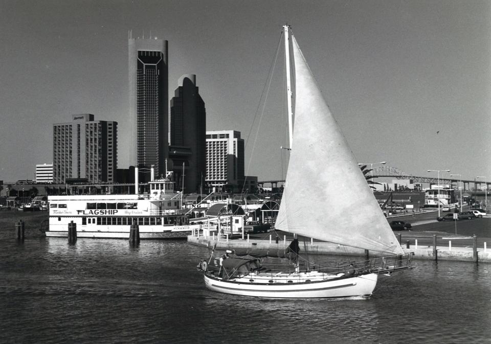 Sailing in Corpus Christi bay with the city skyline and downtown in the background in 1991.