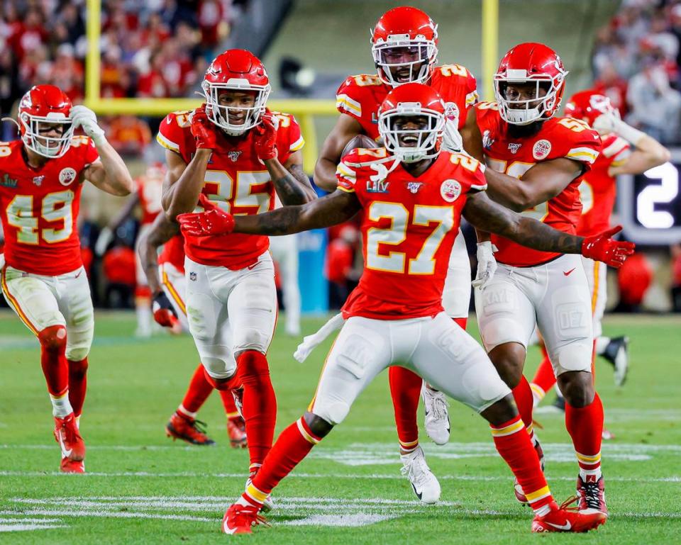 Kansas City Chiefs defensive back Rashad Fenton (27) celebrates after a turnover against the San Francisco 49ers during the second half of Super Bowl 54 at Hard Rock Stadium in Miami Gardens, Florida on Sunday, February 2, 2020.