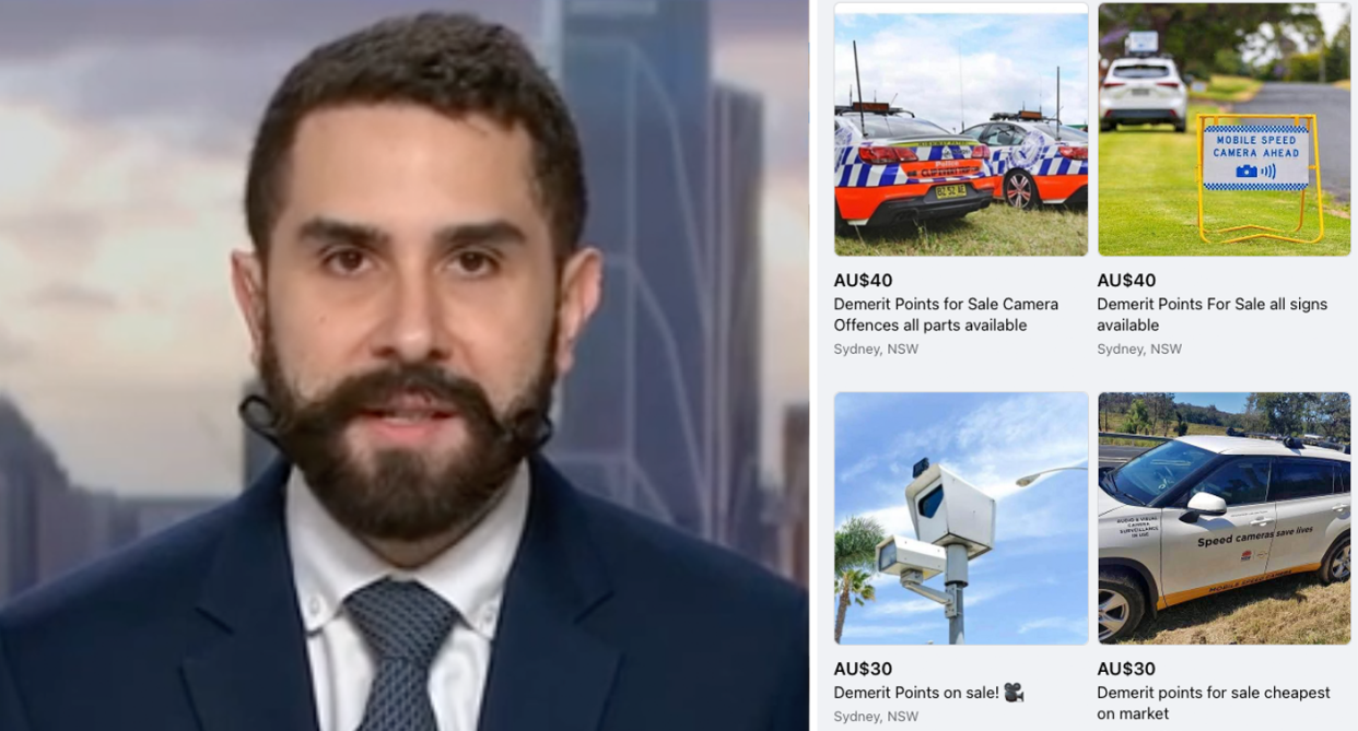 Lawyer Jahan Kalantar speaks about demerit point trading on 7News Sunrise (left) with advertisements seen on Facebook marketplace (right). 