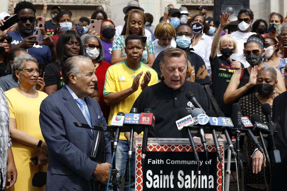 Father Michael Pfleger speaks for first time during a press conference after his reinstatement as the senior pastor at St. Sabina Church, Monday, May 24, 2021, at St. Sabina Catholic Church in the Auburn Gresham neighborhood in Chicago. (AP Photo/Shafkat Anowar)