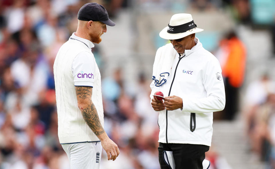 Ben Stokes and umpire Joel Wilson in the fifth Ashes Test.