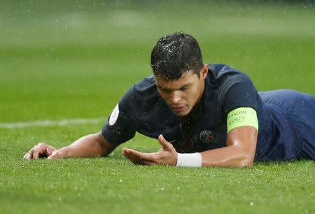 Football Soccer - Paris St Germain v Nancy - French Ligue 1 - Parc des Princes stadium, Paris, France - 4/3/2017 - Paris St Germain's Thiago Silva reacts during the match. REUTERS/Regis Duvignau