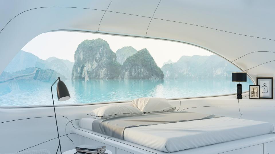 A rendering of a SeaPod primary bedroom. Underneath the SeaPod are air-filled steel tubes which create buoyancy to push the entire SeaPod up above the water.