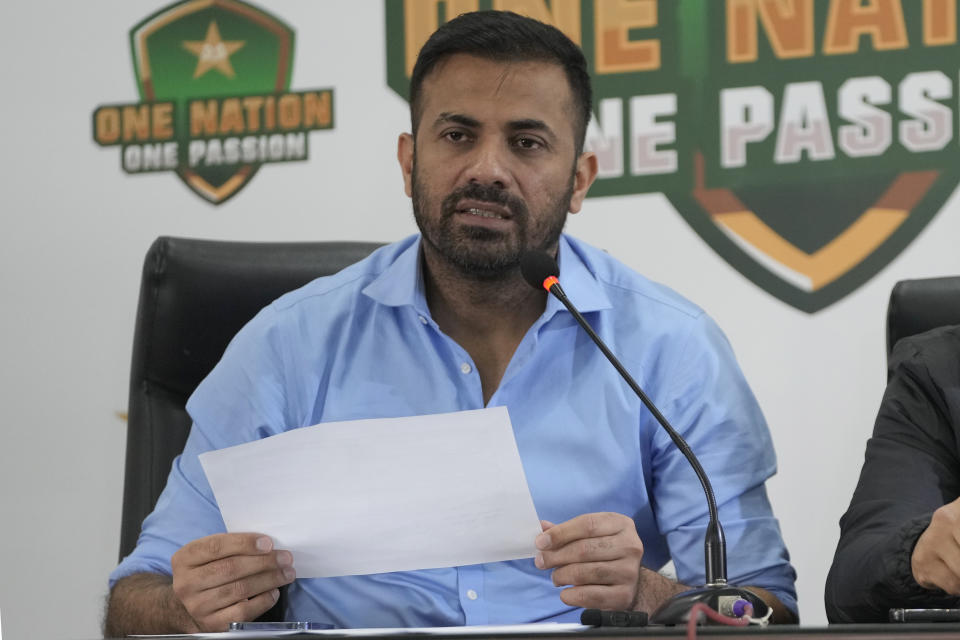 Pakistan's cricket team's Chief Selector Wahab Riaz, speaks during a press conference, in Lahore, Pakistan, Tuesday, Dec. 19, 2023. Pakistan named several uncapped players and recalled opening batter Sahibzada Farhan after five years for the five-match Twenty20 series against New Zealand. (AP Photo/K.M. Chaudary)