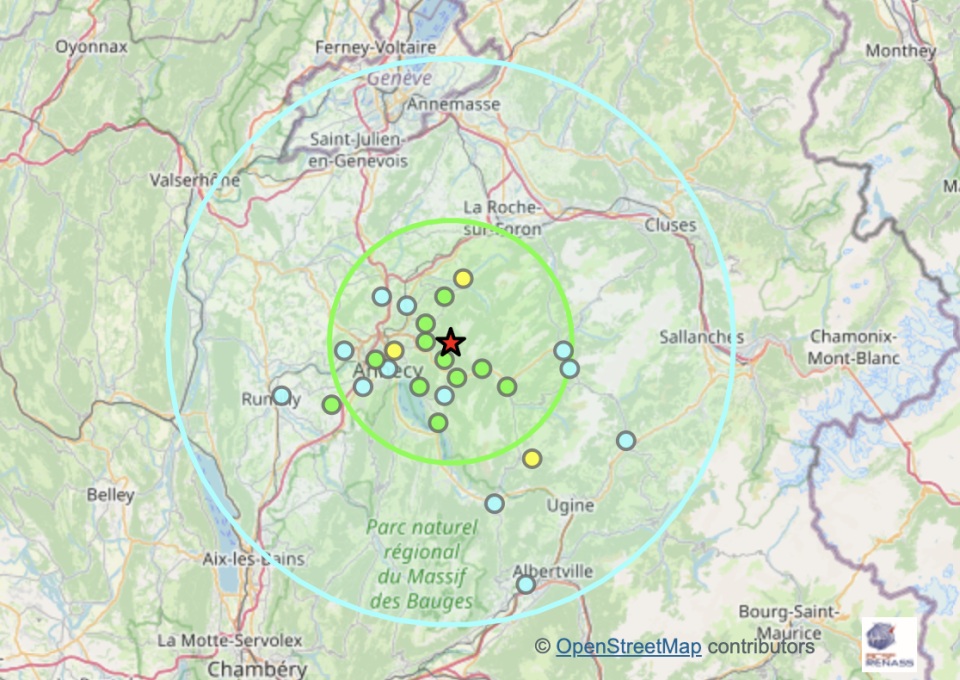 Carte réalisée par France séisme présentant la zone de ressenti du séisme (les ronds) ainsi que les différents témoignages recueillis (les points)