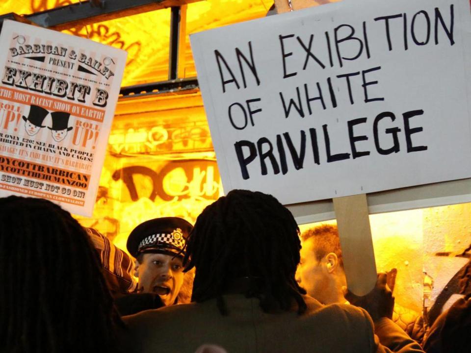 Protesters outside ‘Exhibit B’ at the Vaults Gallery (Corbis)