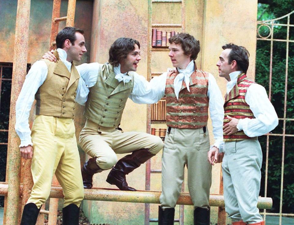 Adrian Schiller (right) with Daniel Crowder, Gideon Turner and Benedict Cumberbatch performing “Loves Labour’s Lost.” Alastair Muir/Shutterstock