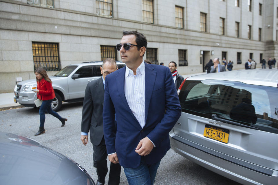 Andrey Kukushkin leaves federal court, Thursday, Oct. 17, 2019, in New York. Kukushkin and David Correia pleaded not guilty Thursday to conspiring with associates of Rudy Giuliani to make illegal campaign contributions. They are among four men charged with using straw donors to make illegal contributions to politicians they thought could help their political and business interests. (AP Photo/Kevin Hagen)