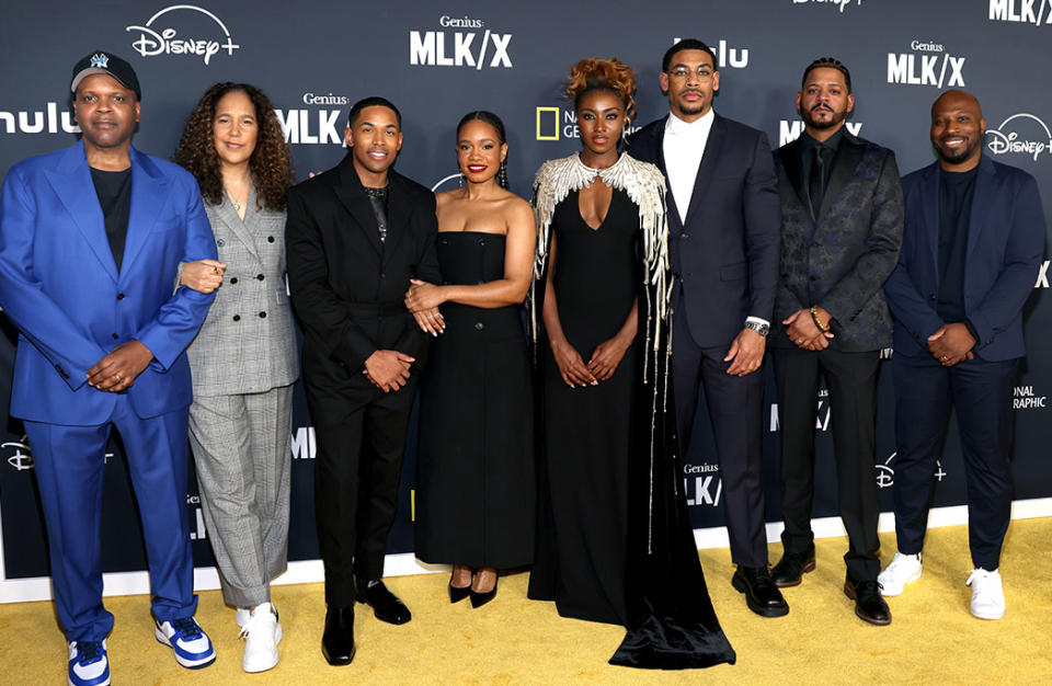 Reggie Rock Bythewood, Gina Prince-Bythewood, Kelvin Harrison Jr., Weruche Opia, Jayme Lawson, Aaron Pierre, Raphael Jackson Jr. and Damione Macedon attend National Geographic's Genius MLK X Beverly Hills premiere at Samuel Goldwyn Theater on January 29, 2024 in Beverly Hills, California.