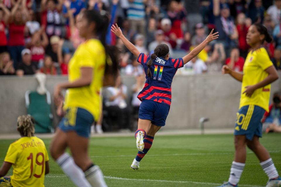 Sophia Smith celebrates after scoring her second goal for the U.S. women's national soccer team against Colombia at Dick's Sporting Goods Park in Commerce City on Saturday.