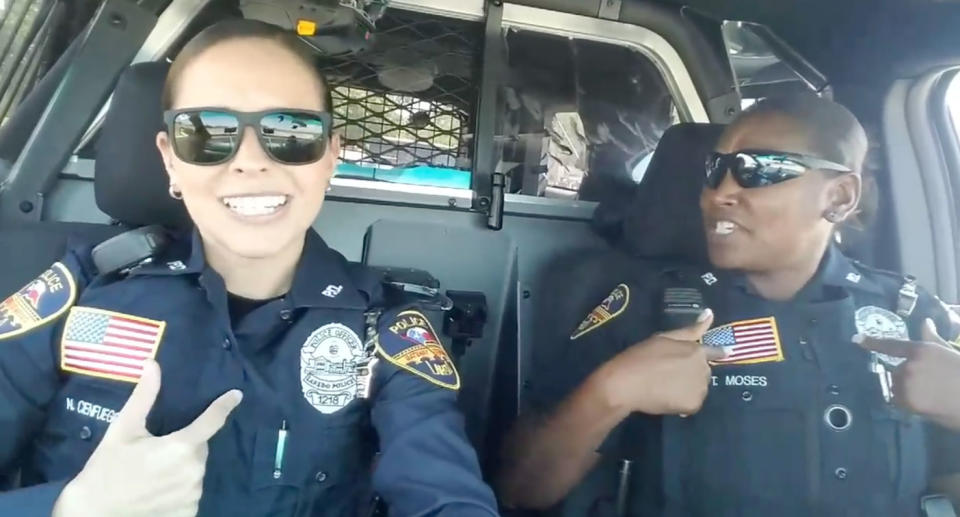 Texas police officers Noemi Cienfuegos and Tycola Moses have gone viral for their lip-syncing rendition of Spice Girls’ Wannabe. Source: Facebook/ Laredo Police Department