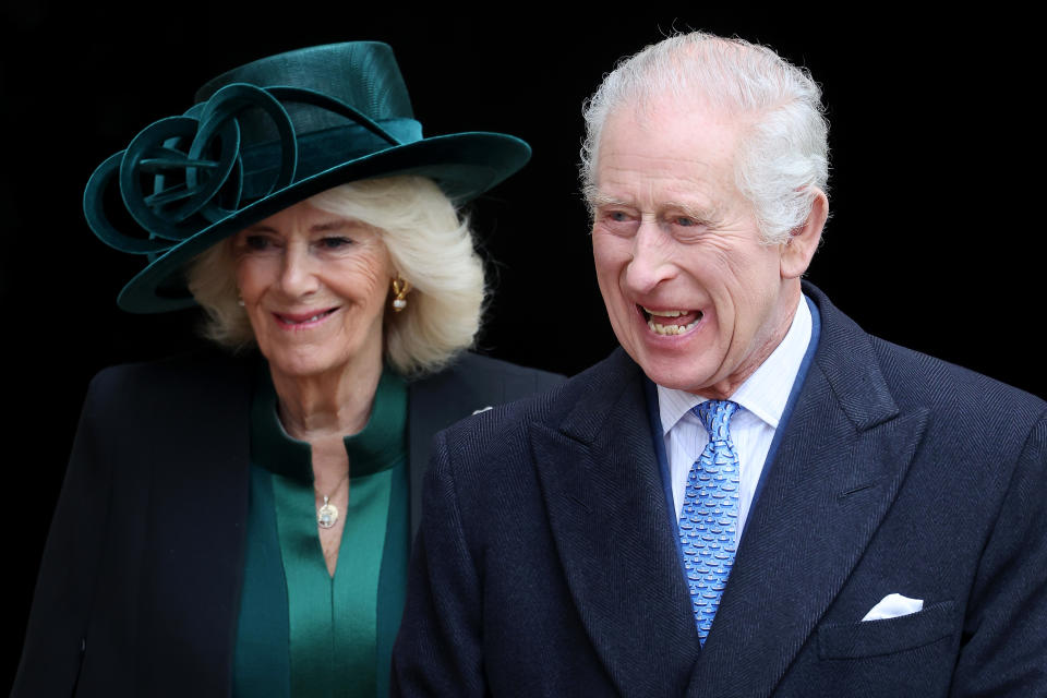 WINDSOR, ENGLAND - MARCH 31: Queen Camilla and King Charles III depart from the Easter Mattins Service at Windsor Castle on March 31, 2024 in Windsor, England. (Photo by Chris Jackson/Getty Images)