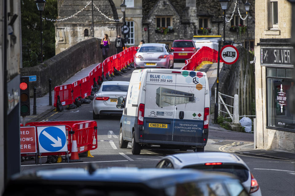 Traffic builds in Bradford-on-Avon as a new one-way system is put into place