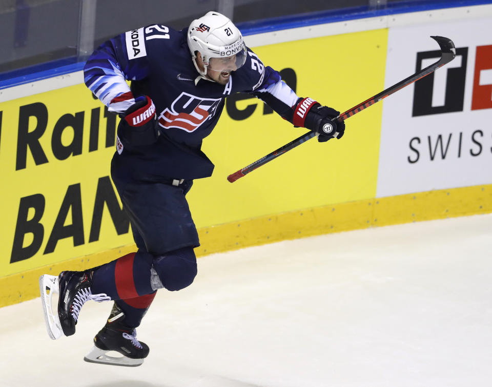 Dylan Larkin of the US celebrates after scoring his sides second goal during the Ice Hockey World Championships group A match between Germany and the United States at the Steel Arena in Kosice, Slovakia, Sunday, May 19, 2019. (AP Photo/Petr David Josek)
