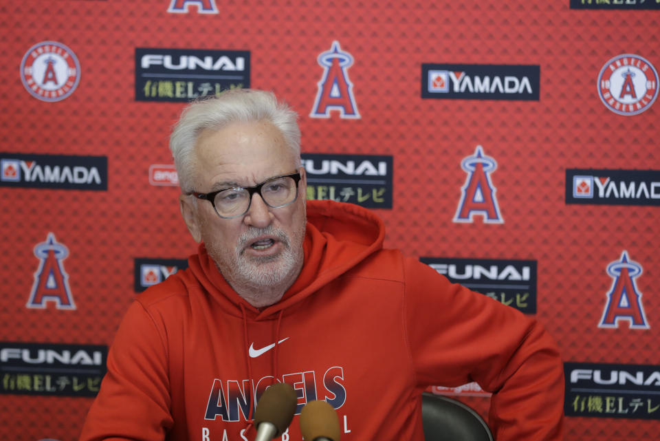 Los Angeles Angels manager Joe Maddon speaks during a news conference at the spring training baseball facility, Tuesday, Feb. 11, 2020, in Tempe, Ariz. (AP Photo/Darron Cummings)