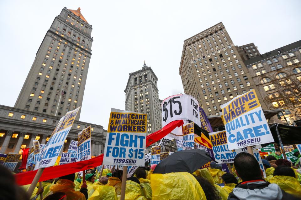 Low wage workers and supporters protest for a $15 an hour minimum wage on November 10, 2015 at Foley Square in New York. (Photo: Cem Ozdel/Anadolu Agency via Getty Images)